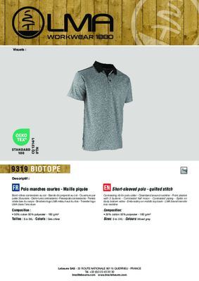 Equipement et protection individuelle - Habillement - Polo manches courtes BIOTOPE
