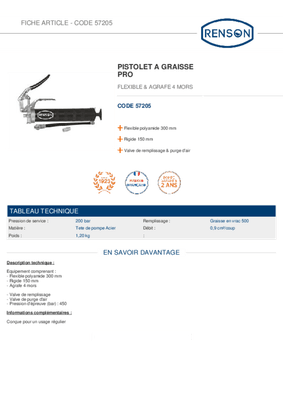 Equipement d'atelier - Graissage - Pistolet à graisse manuel PRO 200 bar