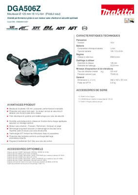 Electroportatifs - Meuleuses, tronçonneuses - Meuleuse sans fil 18V DGA506Z