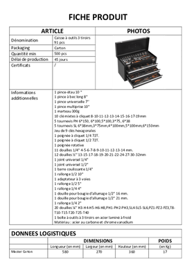 Equipement d'atelier - Outillages à main - Caisse à outils 91 pièces